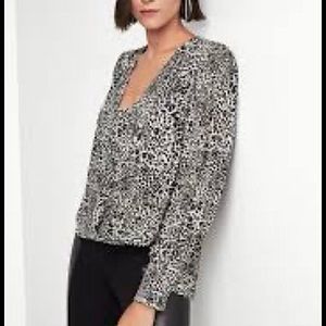 BCBG leopard print puff balloon sleeve draped blouse black and white